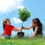 Dos niñas plantando un árbol