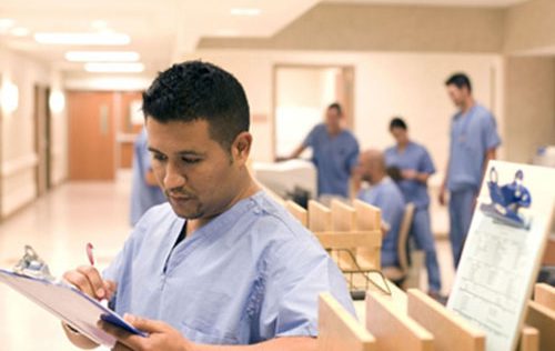 Enfermeros revisando planillas en un hospital